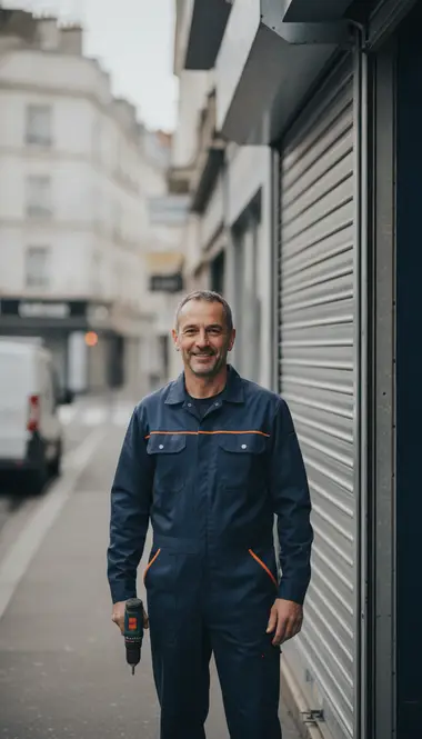 Technicien DB Assistance réparant un rideau métallique à Puteaux