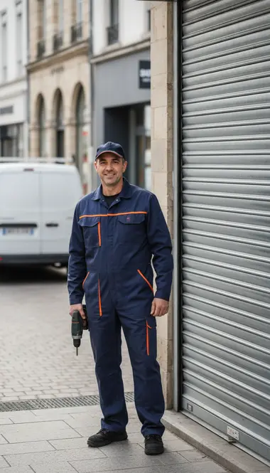 Technicien DB Assistance réparant un rideau métallique à Saint-Germain-en-Laye