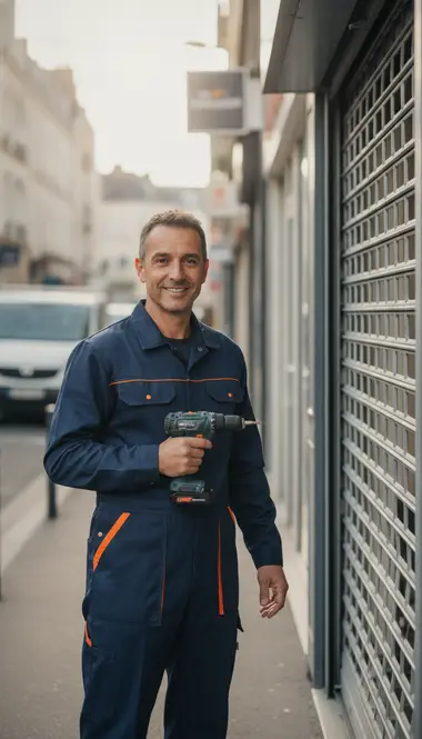 Technicien DB Assistance réparant un rideau métallique à Suresnes
