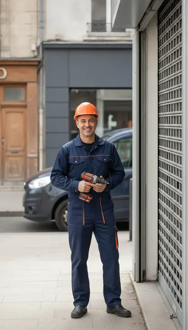 Technicien DB Assistance réparant un rideau métallique à Trappes