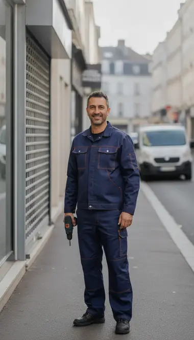 Technicien DB Assistance réparant un rideau métallique à Vanves