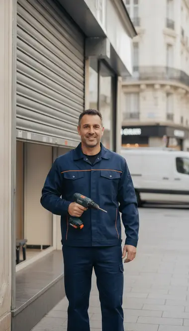 Technicien DB Assistance réparant un rideau métallique à Versailles