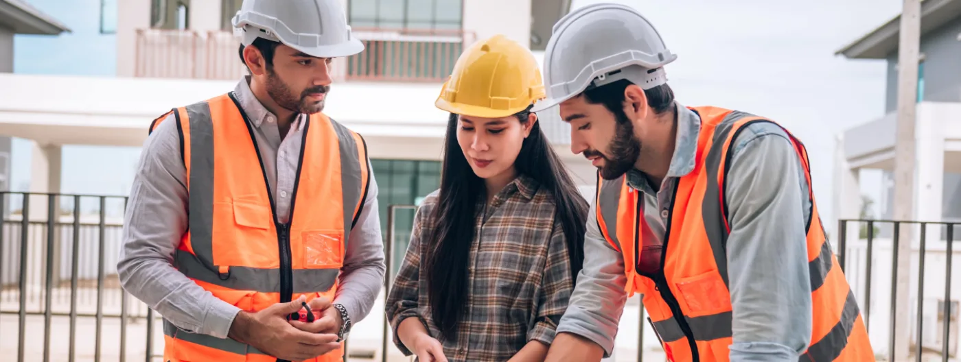 Équipe de chantier consultant un plan devant un bâtiment