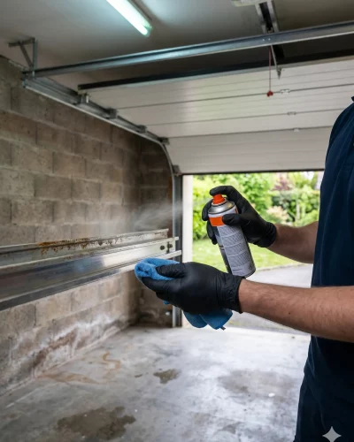 Dépannage porte de garage aux Mureaux traitement anticorrosion rails humidité bords de Seine