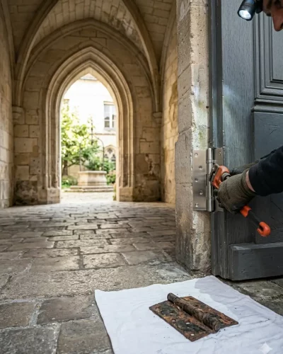 Dépannage porte de garage à Pontoise réalignement gond porte cochère voûte médiévale carrières calcaire